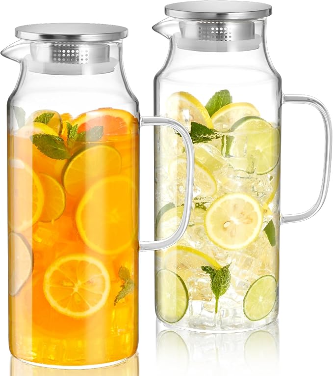 2 Liter 68 oz Glass Pitcher with Lid and Handle, Glass Carafe for Fridge, Water Pitcher for Hot/Cold Water, Large Jug for Iced Tea, Coffee, Juice and Homemade Beverage