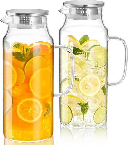 2 Liter 68 oz Glass Pitcher with Lid and Handle, Glass Carafe for Fridge, Water Pitcher for Hot/Cold Water, Large Jug for Iced Tea, Coffee, Juice and Homemade Beverage