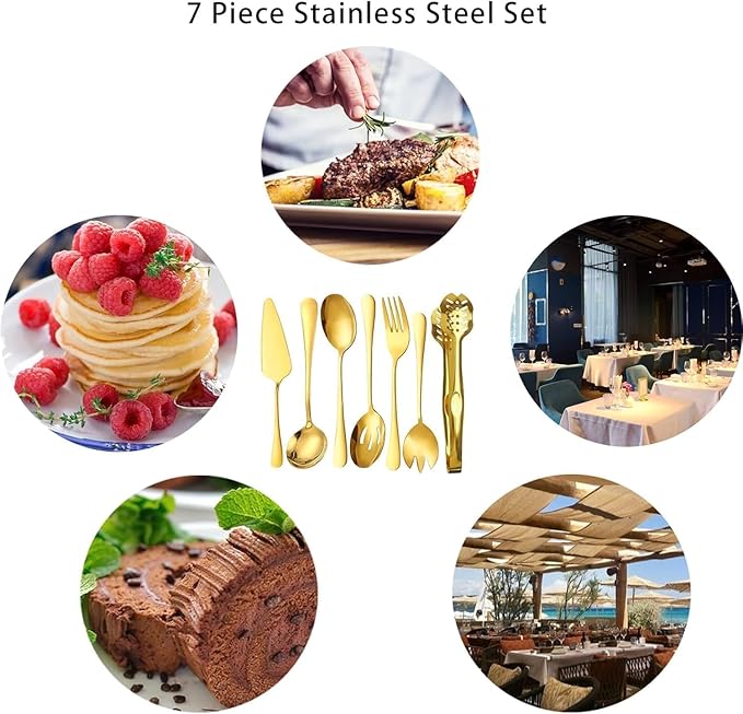 Golden Flatware 7 Piece Stainless Steel Set Includes Serving Spoons, Slotted Serving Spoon, Serving Tongs, Serving Fork, Salad Fork, Soup Ladle, Pie Server