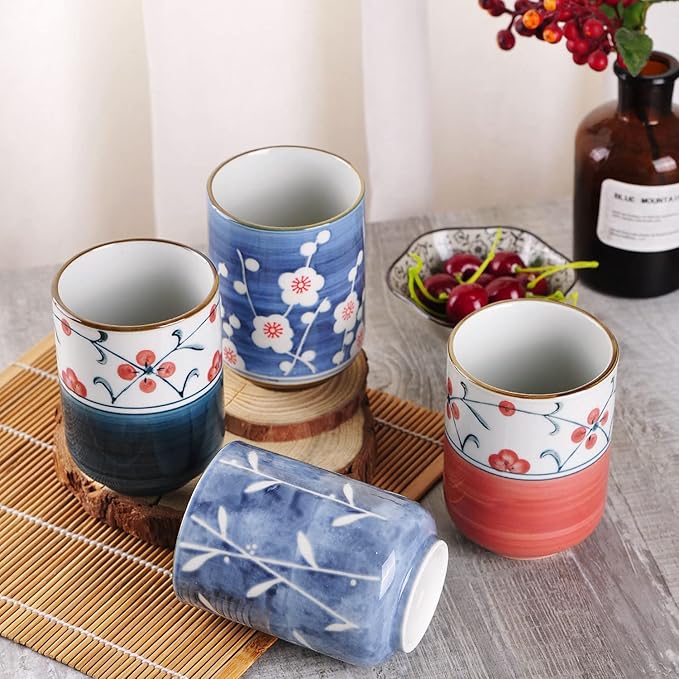 WHJY 10oz Transitional Chinese/Japanese style Handle-less Ceramic Tea cups teacup, Cherry Bloom & Rush straw in Blue Sky Pattern Set of 2