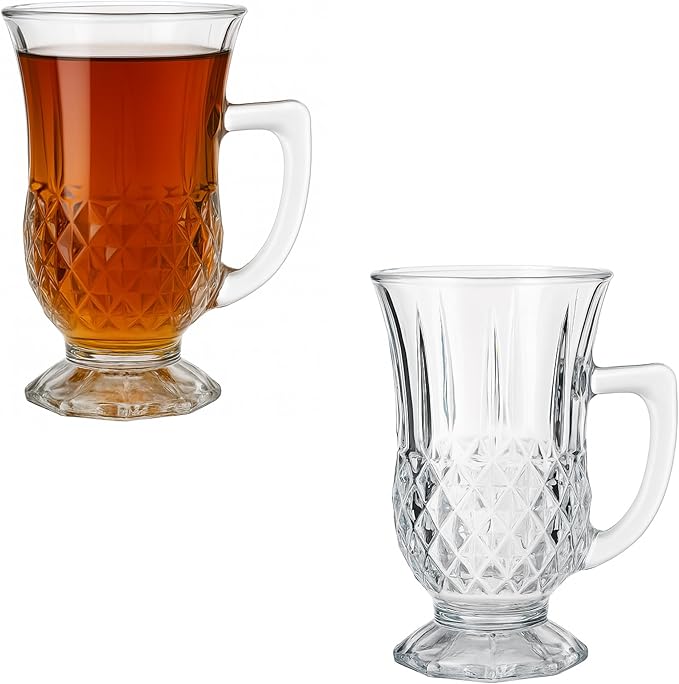 Footed Turkish Tea Glasses With Handle, Set of 6 Cups, Crystal Clear Tea and Latte Glasses, Slim Waist Design and Thick Sole Prevent the Drinks From Getting Cold, Dishwasher Safe, 5.5 oz
