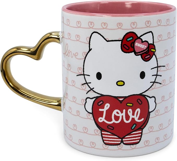 Sanrio Hello Kitty Love Heart-Shaped Handle Ceramic Mug | Large Coffee Cup For Espresso, Caffeine, Beverages, Home & Kitchen Essentials | Cute Valentine's Day Gifts and Collectibles | Holds 14 Ounces