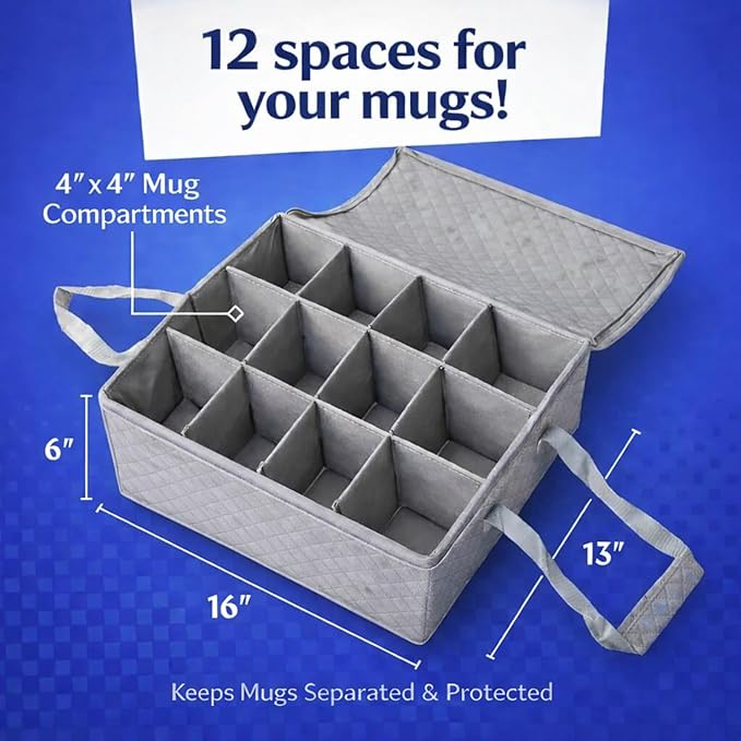 Coffee Mug Storage Bin - Mug Storage Box for Coffee Cups & Mugs (Holds 12 Cups) - Stackable Mug Storage Organizer with Dividers for Kitchen Cabinets & Countertops (Grey & Beige) by Govilla