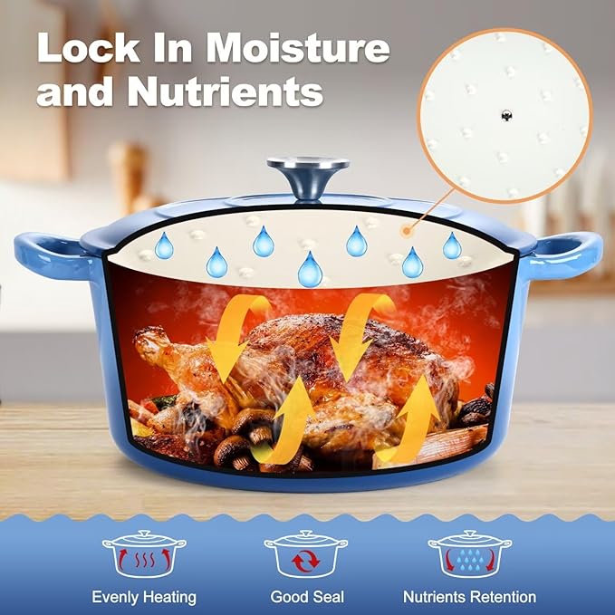 P&P CHEF 6QT Enameled Dutch Oven, Cast Iron Dutch Oven Pot with Lid for Bread Baking, Enameled Casserole Pot for Roasting Braising Stewing Frying Simmering, Various Stoves & Easy Clean, Blue