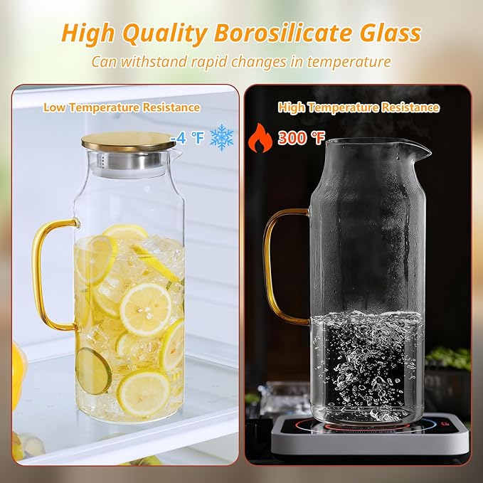 2 Pack 2 Liter 68 oz Glass Pitcher with Lid and Handle, Gold Glass Carafe for Fridge, Water Pitcher for Hot/Cold Water, Large Jug for Iced Tea, Coffee, Juice and Homemade Beverage