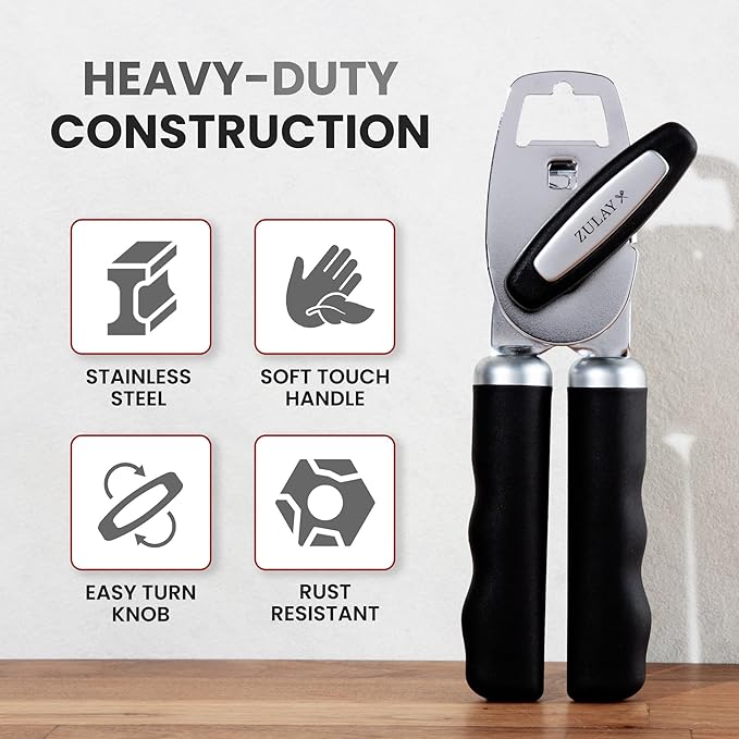 Zulay Kitchen COMFY™ Can Opener Manual with Bottle Opener - Rust Proof Stainless Steel Manual Can Opener With Turn Knob & Comfy Soft Grip Handles - Black