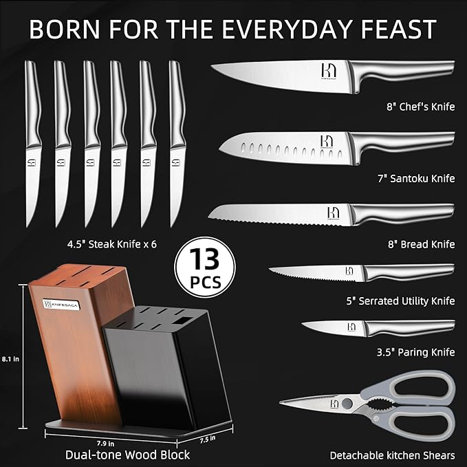 2026 Upgraded Knife Set, 13-Piece Japanese High-Carbon Stainless Steel Kitchen Knife Block Set with Ergonomic Handles, Razor-Sharp Blades for Home & Professional Use