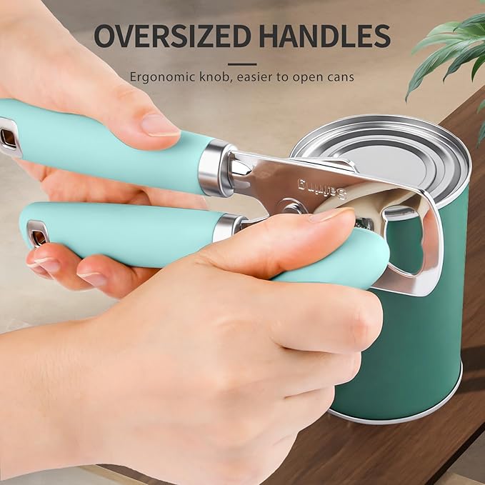 Can Opener Manual, Heavy Duty Stainless Steel Smooth Edge Can Openers With Soft Touch Handle, Oversized Handheld Easy Turn Knob, Multi-Function Bottle Opener, Aqua Sky