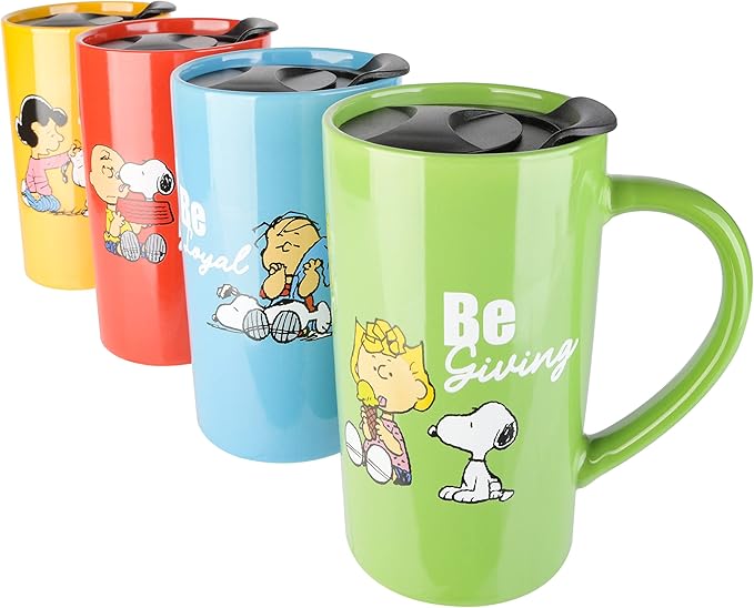 Peanuts Snoopy Gentle Reminders 18oz Travel Cup w/Lid, Stoneware, 4-Pack, Assorted Colors