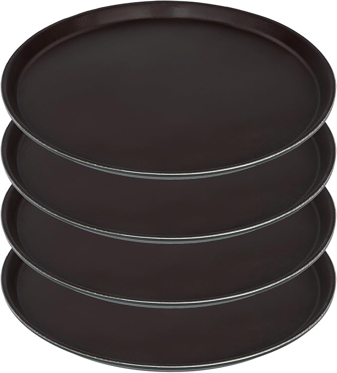 4 Pcs 16 Inch Restaurant Serving Trays, Black Plastic Non Slip Round Tray, Large Food Crawfish Server Tray for Home, Restaurant, Kitchen, Cafeteria, Bar, Hotel (Brown)