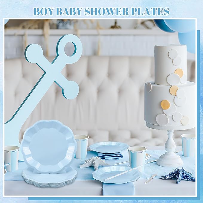 30 pcs Light Blue Plates 7 inch Scalloped Blue Dessert Cake Plates Cute Plate Disposable Party Plate for Weeding, Birthday, Baby Shower (Pack of 2)