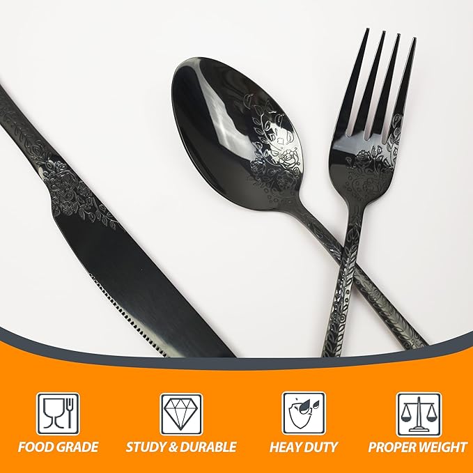 Runfly Vintage Carved Floral Black Silverware Set for 4, Stainless Steel 20-Piece Flatware Set with Knife/Fork/Spoon, Cutlery Set for Home and Kitchen, Modern Utensil Set