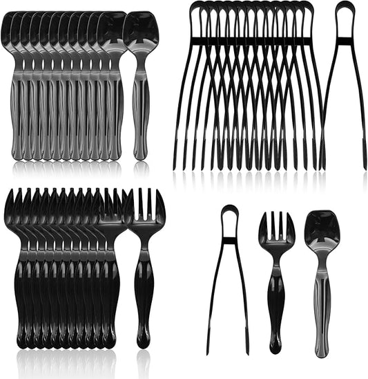 36PCS 9'' Plastic Serving Utensils Set Large Disposable Serving Spoons Forks Tongs for Serving Food Heavy Duty Black Large Party Utensils Supplies for Buffet Restaurant Dinner Salad Noodles Soup