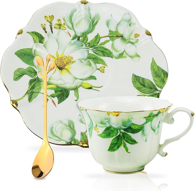 Country Roses Porcelain Tea Cup and Saucer Set with Gold Trim, Vintage Style, For Women and Tea Parties (1, Green)