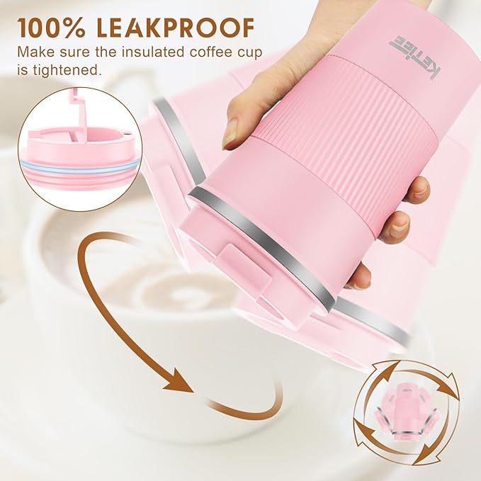 KETIEE 12oz Travel Mug, Insulated Coffee Cup with Leakproof Lid, Travel Coffee Mug Vacuum Stainless Steel Double Walled Reusable Car Tumbler for Hot and Cold Water Tea（Pink）