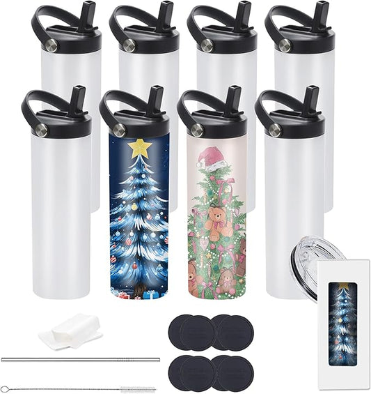 20oz sublimation sport tumblers blanks with two lids ，flat edge sublimation tumblers，double wall stainless steel insulted cup，for Heat Transfer, White (8, with flex handle lid)