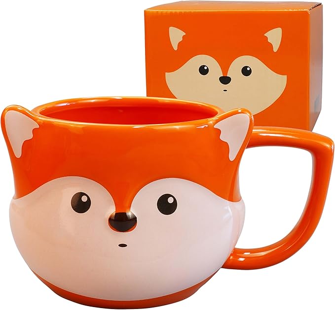 Fox Mug 14 oz Cute Ceramic Coffee Mug 3D Porcelain Tea Mug for Women Kawaii Cup Fox Gifts for Women Christmas Gifts Housewarming Holiday Birthday Gifts for Mom Kids Men Friend Orange
