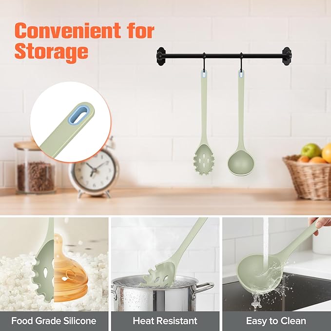 Silicone Spaghetti Spoon&Soup Ladle Cooking Utensils Set of 2,No Scratch for Nonstick Cookware,BPA Free, 450℉Heat Resistant (Green)