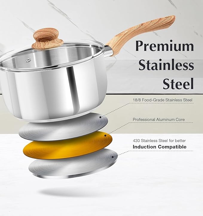 KOCH SYSTEME CS 2 Quart Sauce Pan with Lid, Stainless Steel Saucepan with Heat-resistant Bakelite Handle, Saucepan with Lid, Pot 2QT, Stainless Steel Sauce Pan, Induction Compatible