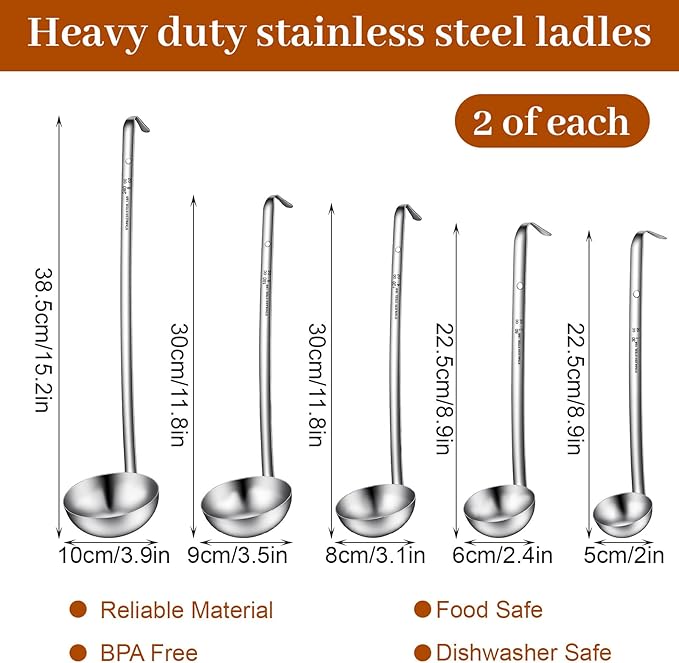 10 Pcs Stainless Steel Ladle 1oz/2oz/4oz/6oz/8oz Soup Ladle with Long Spoon Metal Spoon Sets Big Spoons for Stirring, Portioning, Serving Soup, Stew in Restaurants Home Cooking Soups Sauce