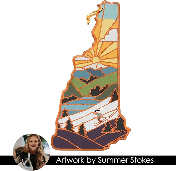 Totally Bamboo New Hampshire State Shaped Cutting Board and Charcuterie Serving Platter with Artwork by Summer Stokes, Includes Hang Tie for Wall Display