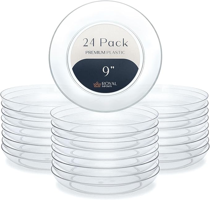 Royal Imports 9" Clear Plastic Saucer Plant Drip Tray, Low Pie Plate, Floral Flower Dish, Wedding, Party, Home and Holiday Decor, 24 Pack
