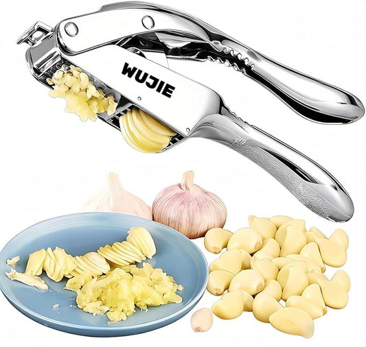 WUJIE Stainless Steel Garlic Press and Slicer - 2-in-1 Crusher and Mincer, Professional Kitchen Tool with Cleaning Brush for Garlic and Ginger