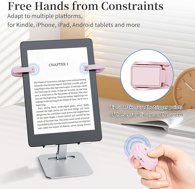 [2 Clips] Finger Ring Kindle Page Turner Remote Control for Paperwhite: Rechargeable Wireless Clicker for Reading on Bed for iPhone Android iPad, Camera Shutter & Video Record Accessories (Pink)