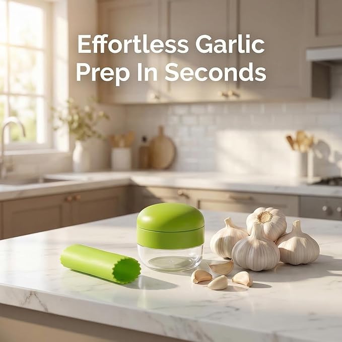 3-in-1 Garlic Press Set, Stainless Steel Garlic Mincer with Garlic Peeler & Cleaning Brush, Garlic Crusher Tool with Storage Container for Kitchen Cooking (Green)
