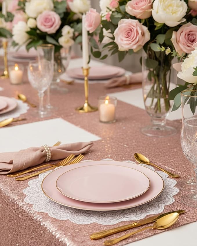 PULOTE 100PCS Pink Plastic Plates - Heavy Duty Pink and Gold Disposable for Party, Wedding, Easter, Include 50 Each (Dinner & Dessert) Plates