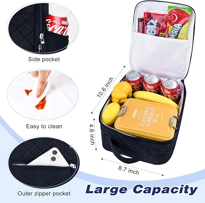 Aileam Lunch Box Lunch Bag for Women Cute Girls Lunch Box Insulated Womens Lunch Bag For Work Quilted Large Capacity Reusable Insulated Cooler for Work School Picnic Travel, Navy Blue