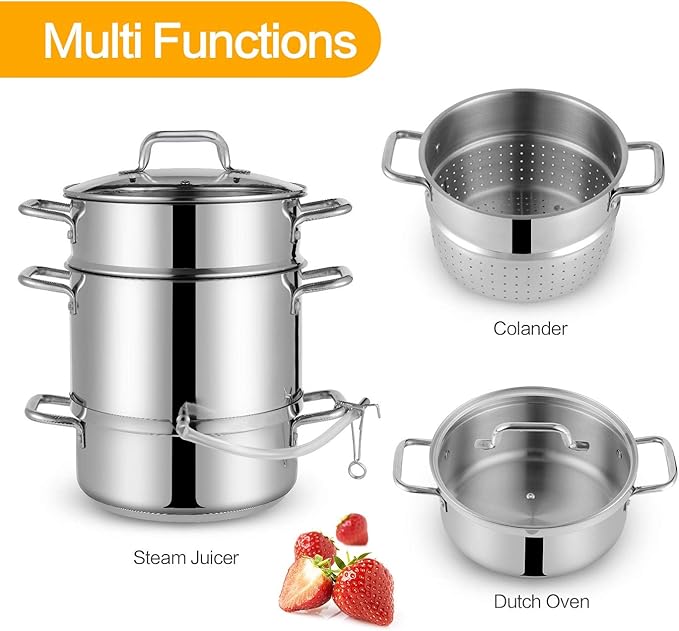 Tri-Ply Stainless Steel Sauce Pan with Steamer Basket & Straining Glass Lid — Heavy-Duty,Thick Base,Rust-Resistant,Warp-Free —100% Food-Grade —Built to Last– Works with All Stovetops, Pasta Pot