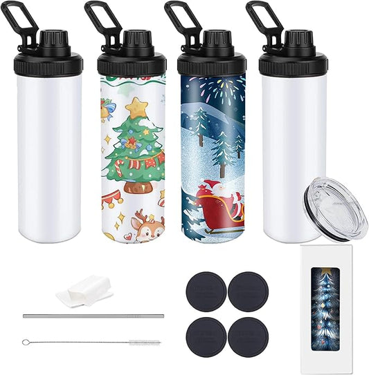 20oz sublimation sport tumblers blanks with two lids ，flat edge sublimation tumblers，double wall stainless steel insulted cup，for Heat Transfer, White (4, with spout lid)