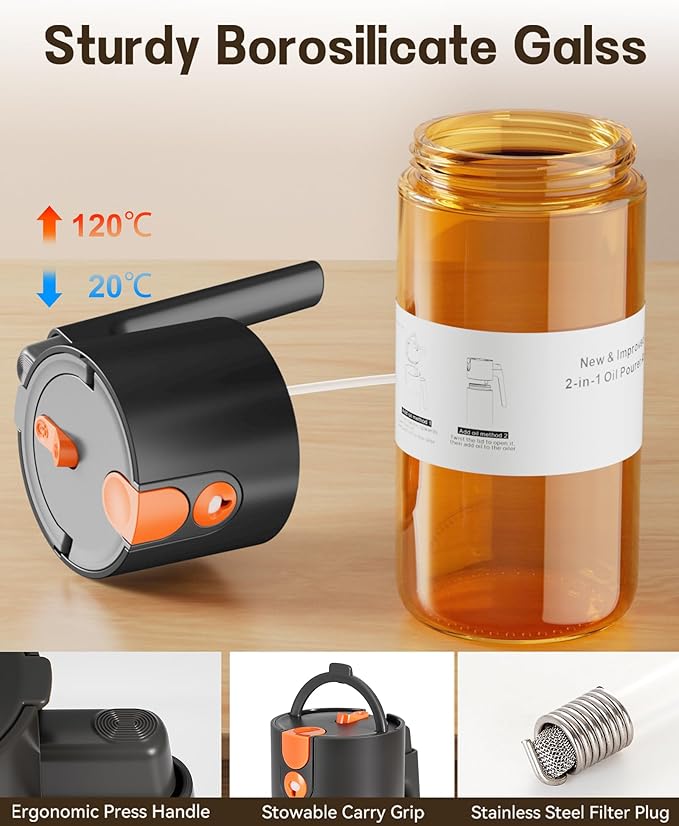 Upgrade 2 in 1 Oil Sprayer for Cooking, 17oz Light-Blocking Glass Olive Oil Dispenser Bottle for Kitchen,Food-Grade Oil Mister with 8 Stickers for Salad, Frying(Amber Bottle-Black Gap)