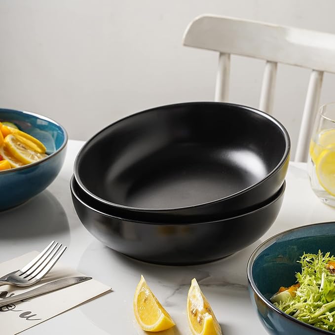 Selamica Ceramic Pasta Bowls Set of 4,Stackable Serving Bowl, Microwave Dishwasher Safe, Matte Black