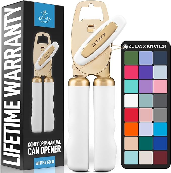 Zulay Kitchen Heavy Duty Stainless Steel Can Opener Manual with Bottle Opener - Rust Proof Manual Can Opener With Turn Knob & Comfy Soft Grip Handles - White & Gold