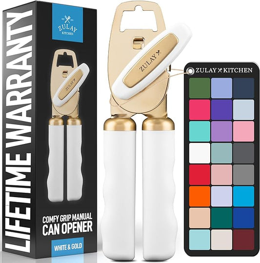 Zulay Kitchen Heavy Duty Stainless Steel Can Opener Manual with Bottle Opener - Rust Proof Manual Can Opener With Turn Knob & Comfy Soft Grip Handles - White & Gold