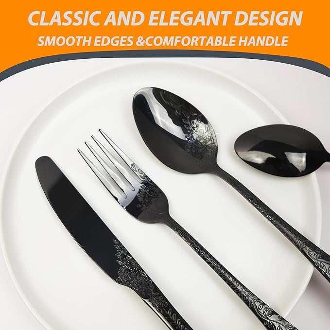 Runfly Vintage Carved Floral Black Silverware Set for 4, Stainless Steel 20-Piece Flatware Set with Knife/Fork/Spoon, Cutlery Set for Home and Kitchen, Modern Utensil Set