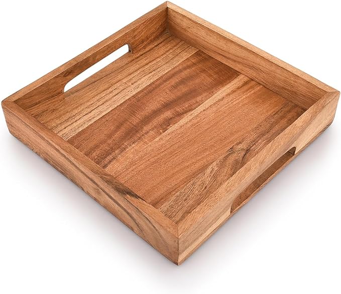 Samhita Acacia Wood Serving Tray with Handles,Wooden Serving Tray, Snack Tray, Breakfast Tray, Great for, Breakfast, Coffee |Size- 10" x 10" x 1.75"