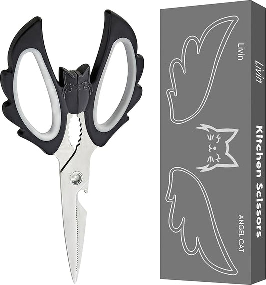 Livin Aesthetic Angel Wings & Cat Kitchen Scissors - Ambidextrous Large Grip Handle Shears for Right & Left Handed - Ergonomic Comfortable Food Scissors for Kitchen, Office & Crafting