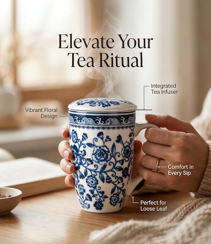 AmorArc Porcelain Tea Mug with Infuser and Lid – 18oz Loose Leaf Tea Cup with Handle, Gift for Tea Lovers (Men & Women)