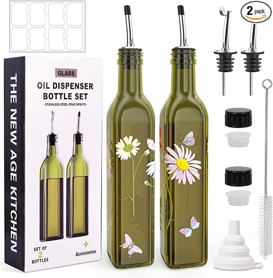 COOLMI Oil and Vinegar Dispenser Set - 17oz/500ML Premium Glass Olive Oil Dispenser Bottles for Kitchen, Oil Dispenser for Kitchen(Daisy)