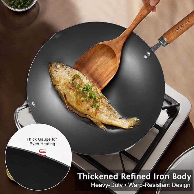 WANGYUANJI Iron Wok,12.59 inch Woks for Stir-fry, Chinese Stir Fry Pan Uncoated, Traditional Flat Bottom Iron Pot for Induction, Electric, Gas, Suitable for All Stoves(Pure Iron Wok)