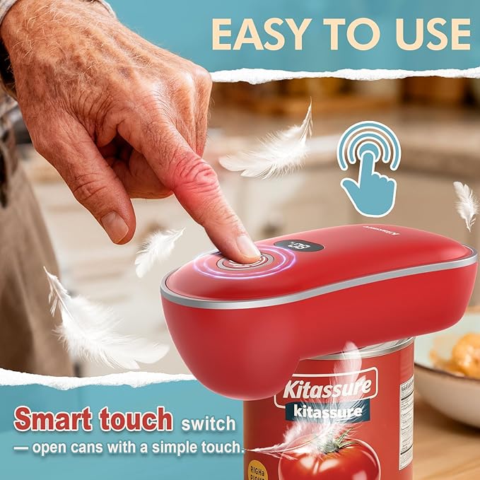 Handsfree One-Touch Rechargeable Electric Can Opener Easy Flex Side Cut All Can Sizes with LED Display and Smooth Edge Safety for Arthritis & Seniors, Auto Kitchen Gadget (Red)