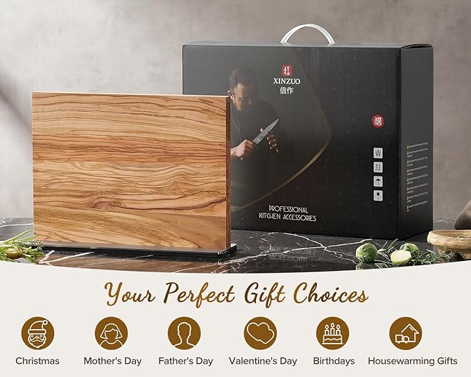 XINZUO Double Sided Magnetic Knife Holder Rack For Kitchen Counter - Natural Olive Wood Stand,Modern Knife Block & Storage - Magnetic Storage(12.6 X 4 X 9.3Inches)