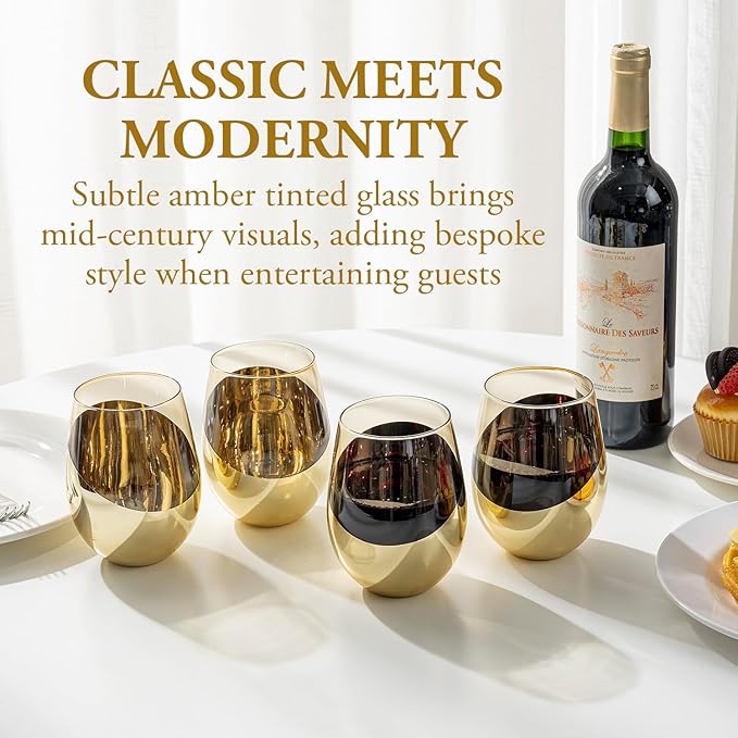 MyGift 18 oz Mid Century Smoked Brown Stemless Wine Glasses with Angled Brass Accents, Translucent Vintage Amber Glass Cocktail Beverage Drinking Cups, Set of 4