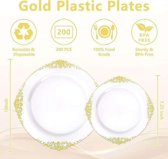 200PCS White and Gold Plates - Gold Plastic Plates - Fancy Disposable Plate - Gorgeous 10inch Dinner & 7.25inch Dessert Plate for 100 Guests for Wedding & Party