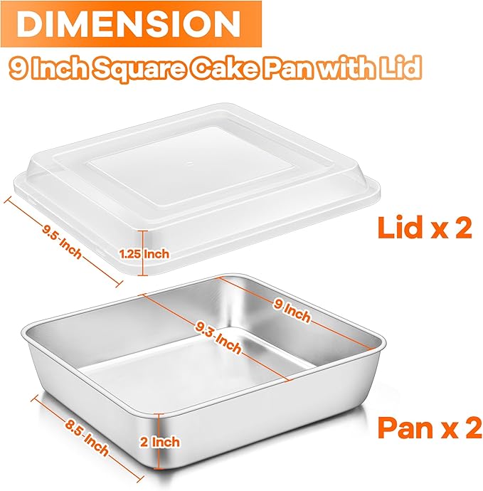 TeamFar 9 x 9 Inch Square Cake Pan, Stainless Steel Square Baking Pan with Lid for Brownie Lasagna, Non-Toxic & Heavy Duty, One-Piece & Smooth, Dishwasher Safe & Easy Clean (2 Pans + 2 Lids)