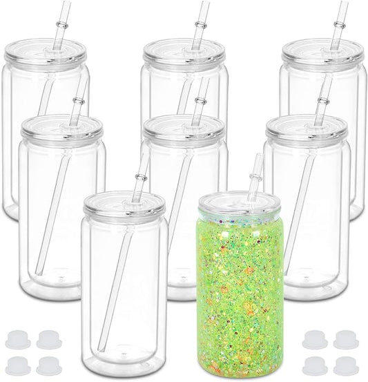 16 oz Plastic Snow Globe Tumbler, 8 Pack Double Wall Snowglobe Tumbler with Pre Drilled Hole, Plastic Mason Jar Cups Can for Snow Globe Glitter DIY (Clear)