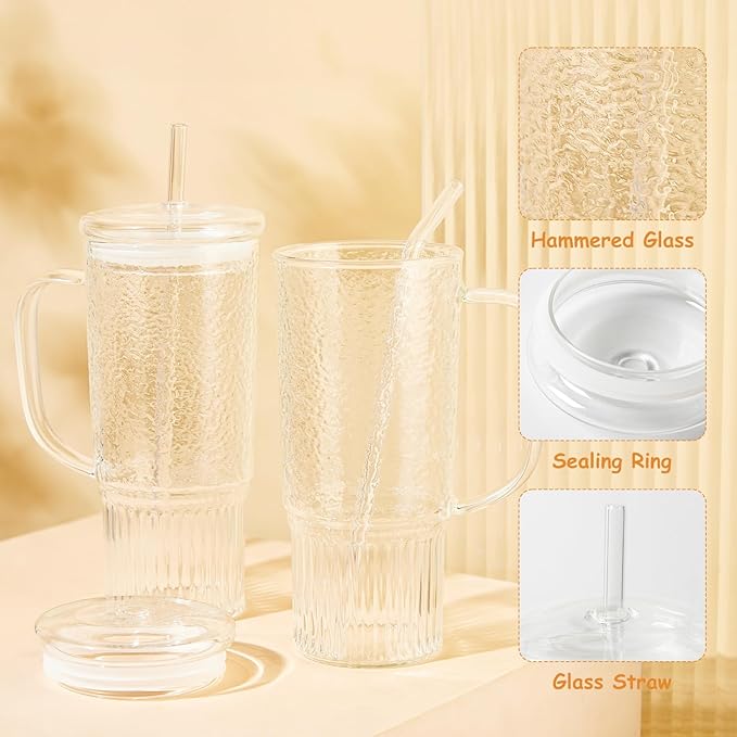 Glass Cups with Lids and Straws,24oz Glass Tumbler with Handle Iced Coffee Cup for Coffee,Juice,Tea,Milk,Smoothie,Hot & Cold Drinks (Clear)